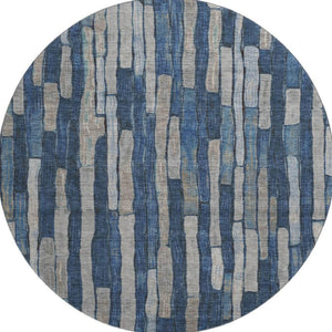 HomeRoots 8' X 8' Stylish Navy Blue & Gray Striped Washable Round Rug with UV Protection for High-Traffic Areas 692865
