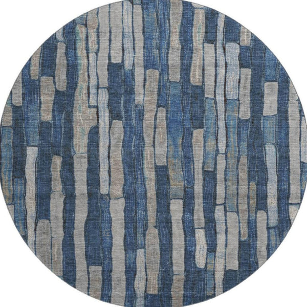 HomeRoots 8' X 8' Stylish Navy Blue & Gray Striped Washable Round Rug with UV Protection for High-Traffic Areas 692865