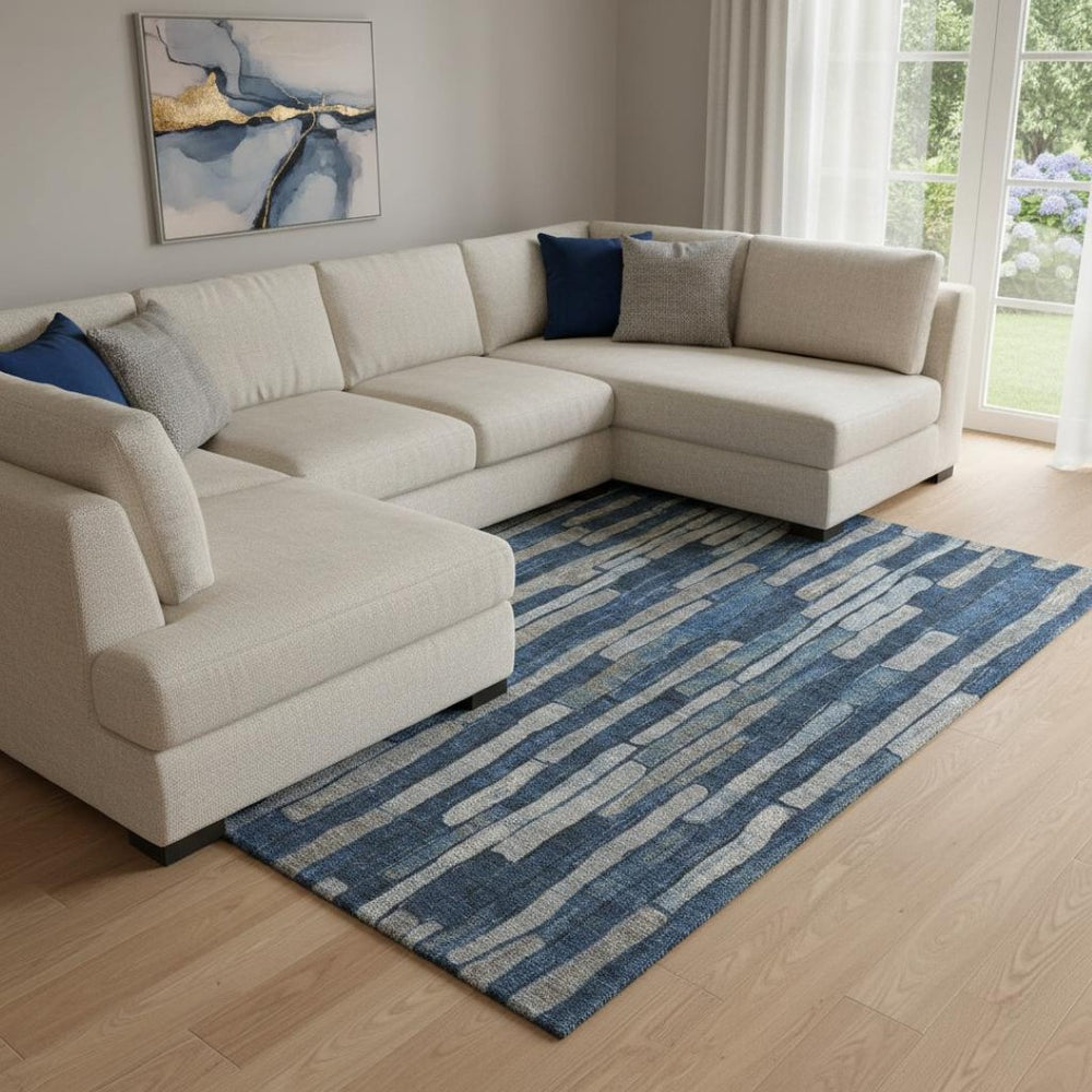 HomeRoots 8' Navy Blue and Gray Striped Area Rug – Washable, UV Protected, Stain-Resistant for Busy Homes 692866