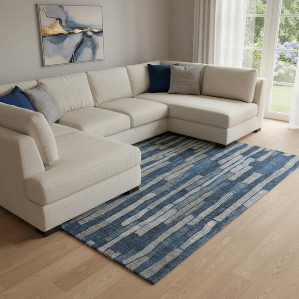 HomeRoots 8' Navy Blue and Gray Striped Area Rug – Washable, UV Protected, Stain-Resistant for Busy Homes 692866