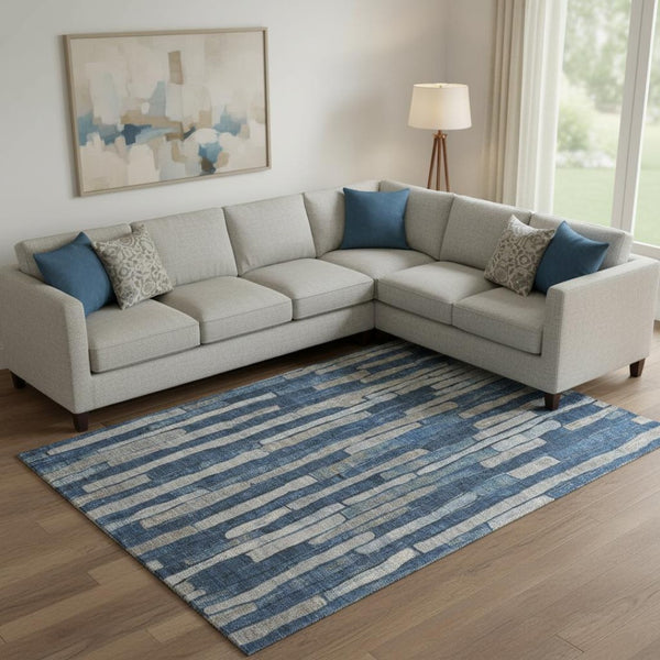 HomeRoots 9' X 12' Navy Blue & Gray Striped Washable Area Rug with UV Protection - Stylish, Durable, & Easy-Care 692867