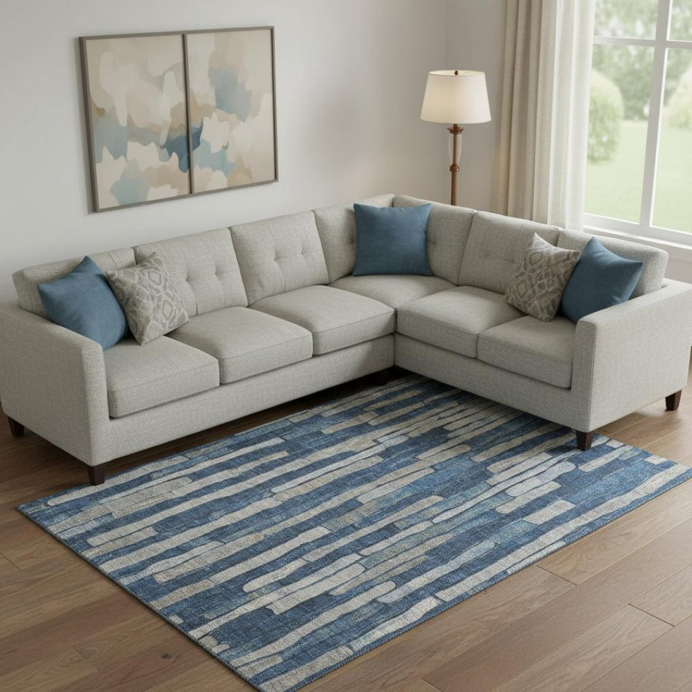 HomeRoots 10' Navy Blue & Gray Striped Washable Area Rug - Durable, Stain Resistant, UV Protected for Families 692868