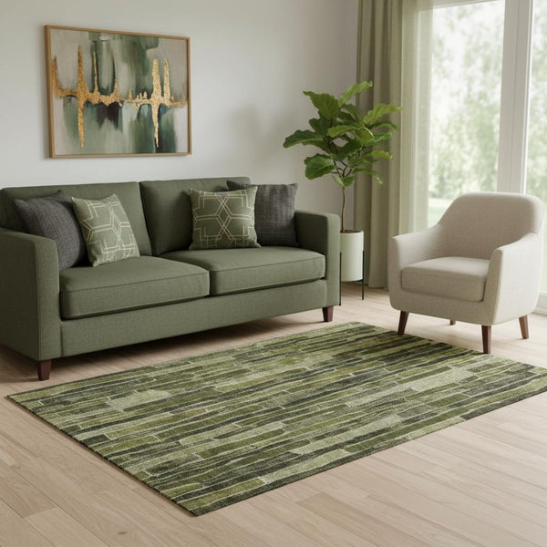 HomeRoots 5' Olive Green & Beige Striped Area Rug - UV Protected, Stain Resistant, Perfect for High-Traffic Spaces 692870