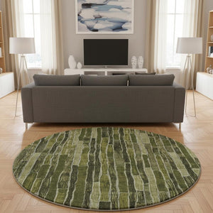 HomeRoots 8' Round Washable Olive Green and Beige Striped Rug - UV Resistant, Durable, Perfect for Families! 692871