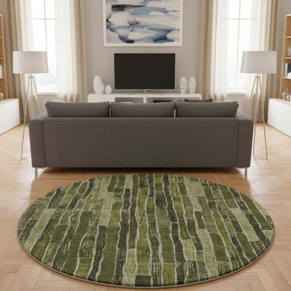 HomeRoots 8' Round Washable Olive Green and Beige Striped Rug - UV Resistant, Durable, Perfect for Families! 692871