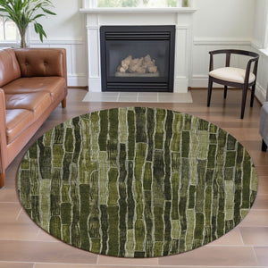 HomeRoots 8' Round Washable Olive Green and Beige Striped Rug - UV Resistant, Durable, Perfect for Families! 692871