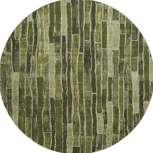 HomeRoots 8' Round Washable Olive Green and Beige Striped Rug - UV Resistant, Durable, Perfect for Families! 692871