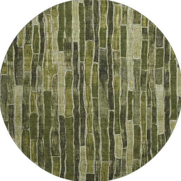 HomeRoots 8' Round Washable Olive Green and Beige Striped Rug - UV Resistant, Durable, Perfect for Families! 692871