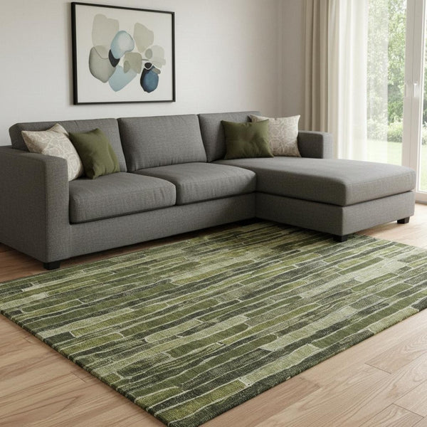 HomeRoots 8' Olive Green and Beige Striped Washable Area Rug – Durable, Stain-Resistant, UV-Protected Design 692872