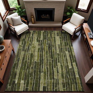 HomeRoots 8' Olive Green and Beige Striped Washable Area Rug – Durable, Stain-Resistant, UV-Protected Design 692872