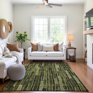 HomeRoots 8' Olive Green and Beige Striped Washable Area Rug – Durable, Stain-Resistant, UV-Protected Design 692872