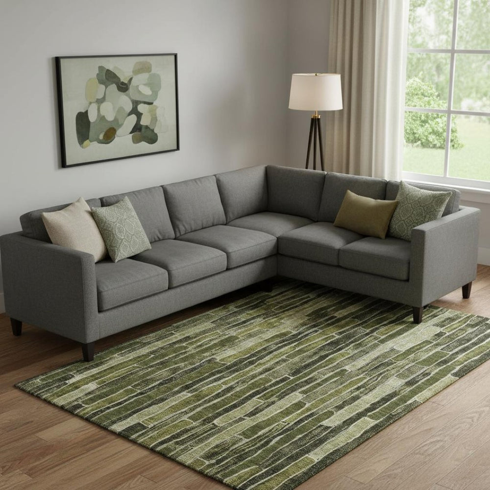 HomeRoots 9' X 12' Olive Green and Beige Striped Washable Area Rug for Homes with Kids and Pets, UV Protected 692873