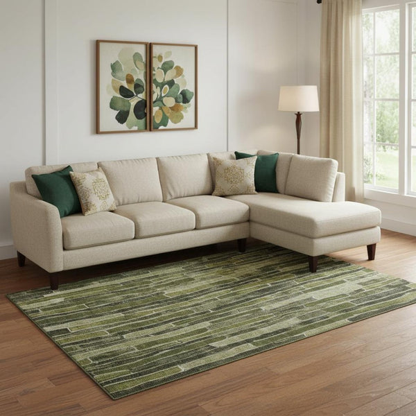 HomeRoots 10' Olive Green & Beige Striped Washable Area Rug - UV Protected, Durable, Ideal for Family Spaces 692874