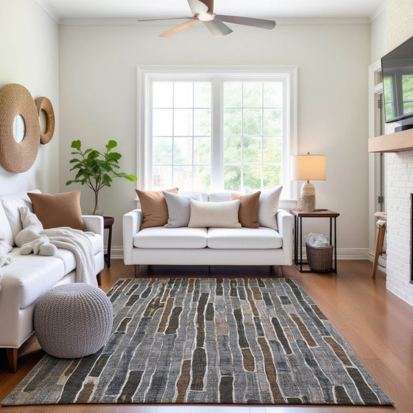 HomeRoots 5' X 8' Pewter Gray & Silver Striped Area Rug – Washable, UV-Protected, Perfect for Busy Homes! 692876