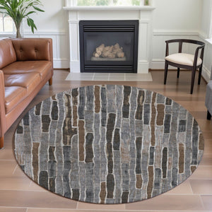 HomeRoots 8' X 8' Versatile Pewter Gray & Silver Striped Washable Round Rug with UV Protection & Non-Slip Backing 692877
