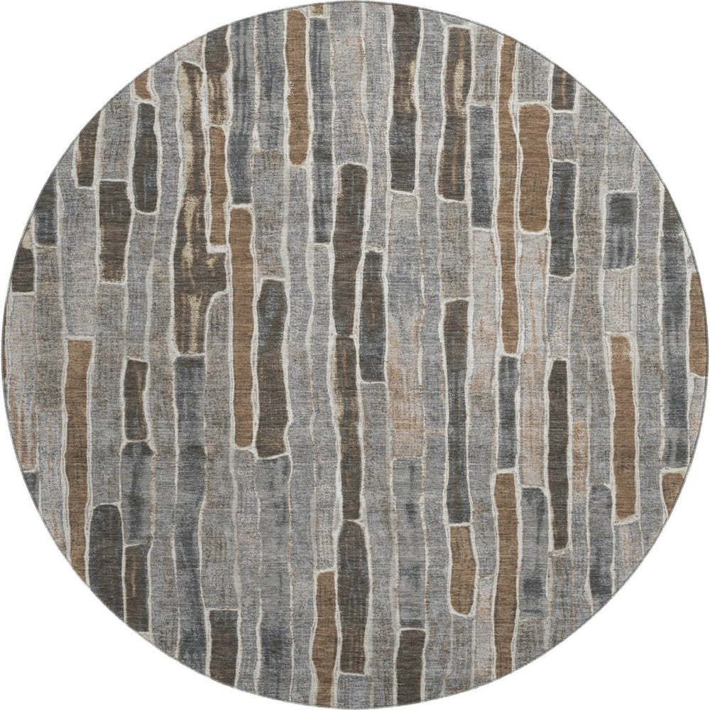 HomeRoots 8' X 8' Versatile Pewter Gray & Silver Striped Washable Round Rug with UV Protection & Non-Slip Backing 692877