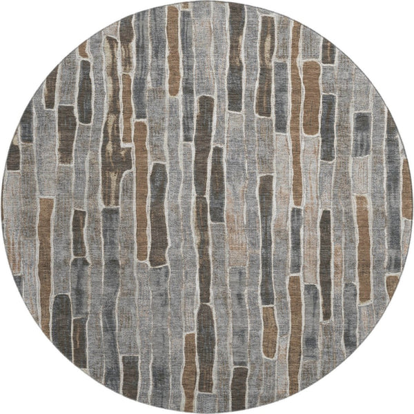 HomeRoots 8' X 8' Versatile Pewter Gray & Silver Striped Washable Round Rug with UV Protection & Non-Slip Backing 692877