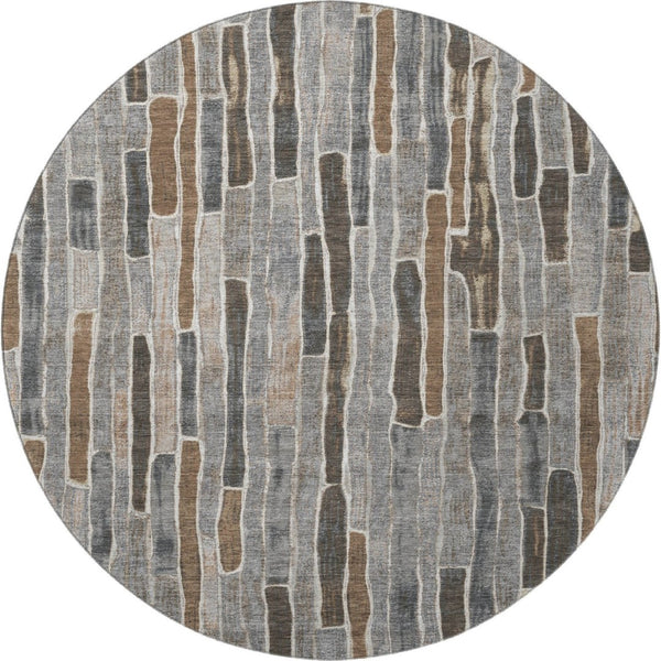 HomeRoots 8' X 8' Versatile Pewter Gray & Silver Striped Washable Round Rug with UV Protection & Non-Slip Backing 692877