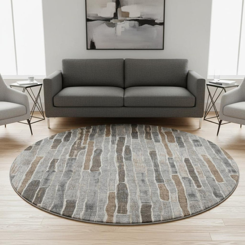 HomeRoots 8' X 8' Versatile Pewter Gray & Silver Striped Washable Round Rug with UV Protection & Non-Slip Backing 692877