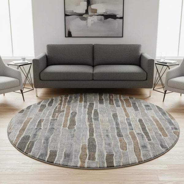 HomeRoots 8' X 8' Versatile Pewter Gray & Silver Striped Washable Round Rug with UV Protection & Non-Slip Backing 692877