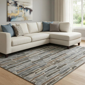 HomeRoots 8' Pewter Gray & Silver Striped Washable Area Rug – Durable, Stain Resistant, UV Protected, Soft Style 692878