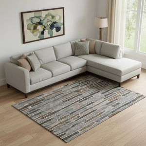 HomeRoots 10' X 14' Stylish Pewter Gray & Silver Striped Washable Area Rug with UV Protection for Homes 692880