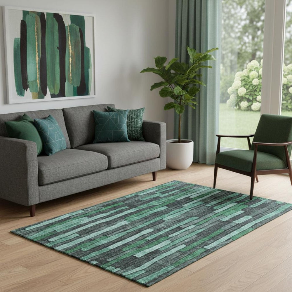 HomeRoots 5' X 8' Sage Gray & Teal Striped Area Rug - Washable, UV-Protected, Durable & Stylish for Every Room 692882