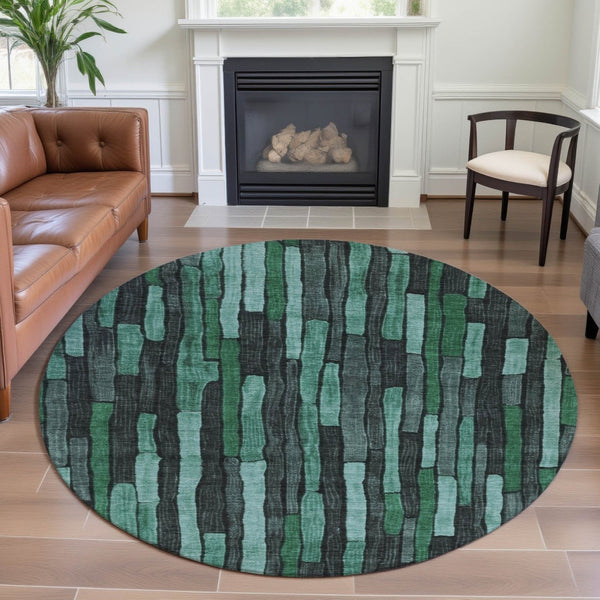 HomeRoots 8' X 8' Sage Gray & Teal Striped Washable Round Rug - UV Protected, Durable & Stain Resistant Design 692883