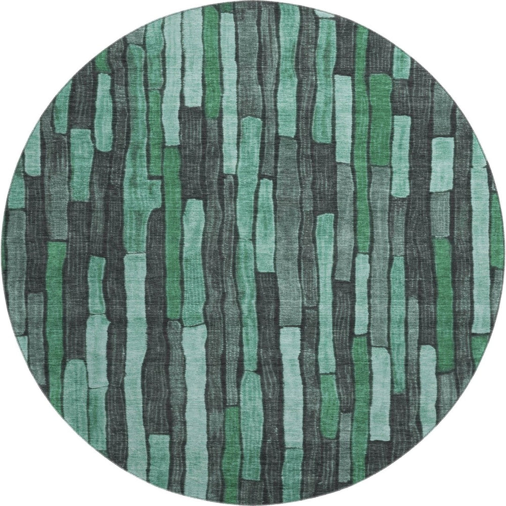 HomeRoots 8' X 8' Sage Gray & Teal Striped Washable Round Rug - UV Protected, Durable & Stain Resistant Design 692883
