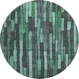 HomeRoots 8' X 8' Sage Gray & Teal Striped Washable Round Rug - UV Protected, Durable & Stain Resistant Design 692883