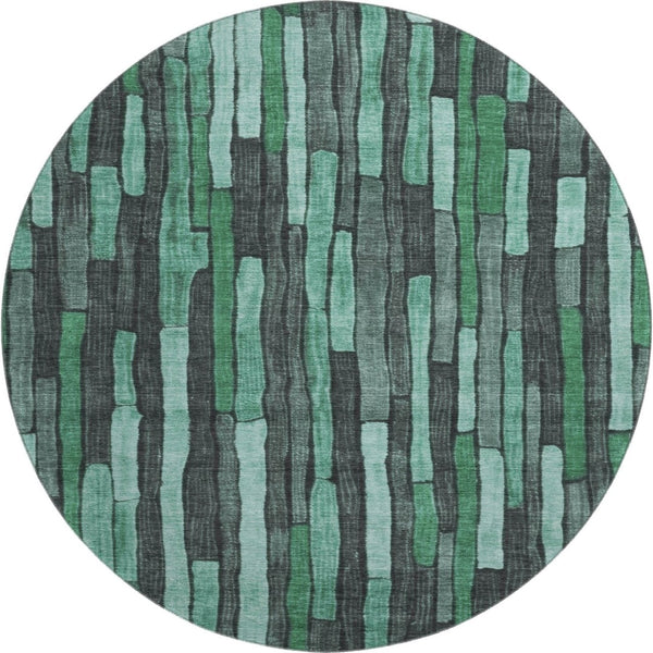 HomeRoots 8' X 8' Sage Gray & Teal Striped Washable Round Rug - UV Protected, Durable & Stain Resistant Design 692883