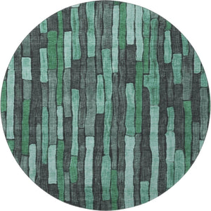 HomeRoots 8' X 8' Sage Gray & Teal Striped Washable Round Rug - UV Protected, Durable & Stain Resistant Design 692883