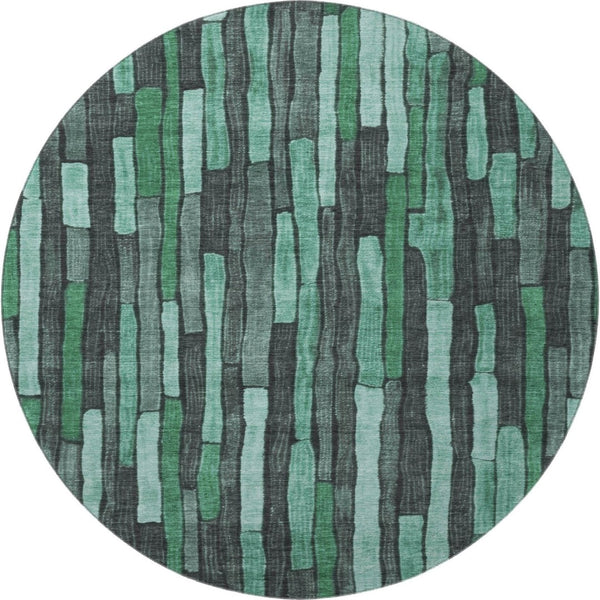 HomeRoots 8' X 8' Sage Gray & Teal Striped Washable Round Rug - UV Protected, Durable & Stain Resistant Design 692883