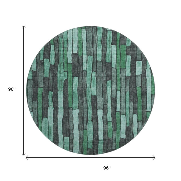 HomeRoots 8' X 8' Sage Gray & Teal Striped Washable Round Rug - UV Protected, Durable & Stain Resistant Design 692883