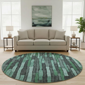 HomeRoots 8' X 8' Sage Gray & Teal Striped Washable Round Rug - UV Protected, Durable & Stain Resistant Design 692883