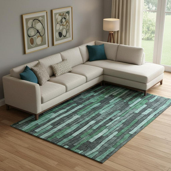 HomeRoots 9' Sage Gray and Teal Striped Washable Area Rug – Durable, Stain-Resistant, UV Protected for Homes 692885