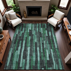 HomeRoots 9' Sage Gray and Teal Striped Washable Area Rug – Durable, Stain-Resistant, UV Protected for Homes 692885