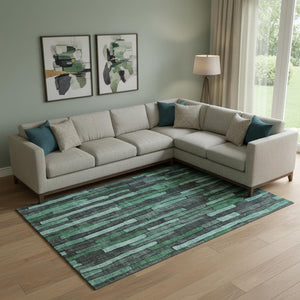 HomeRoots 10' Sage Gray and Teal Striped Washable Area Rug with UV Protection for Stylish, Durable Living Spaces 692886