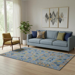 HomeRoots 5' Denim Blue Geometric Area Rug - Peach & Green Washable, UV Protected, Stain Resistant, Non-Slip 692888