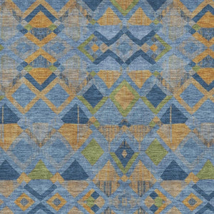 HomeRoots 5' Denim Blue Geometric Area Rug - Peach & Green Washable, UV Protected, Stain Resistant, Non-Slip 692888