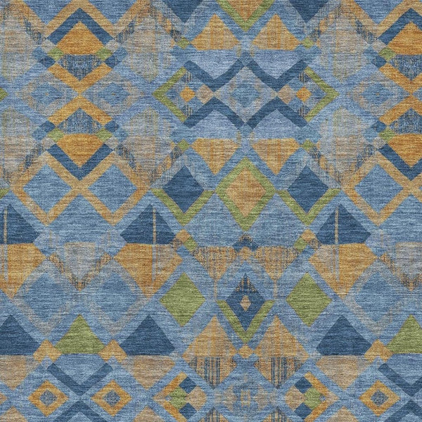 HomeRoots 5' Denim Blue Geometric Area Rug - Peach & Green Washable, UV Protected, Stain Resistant, Non-Slip 692888