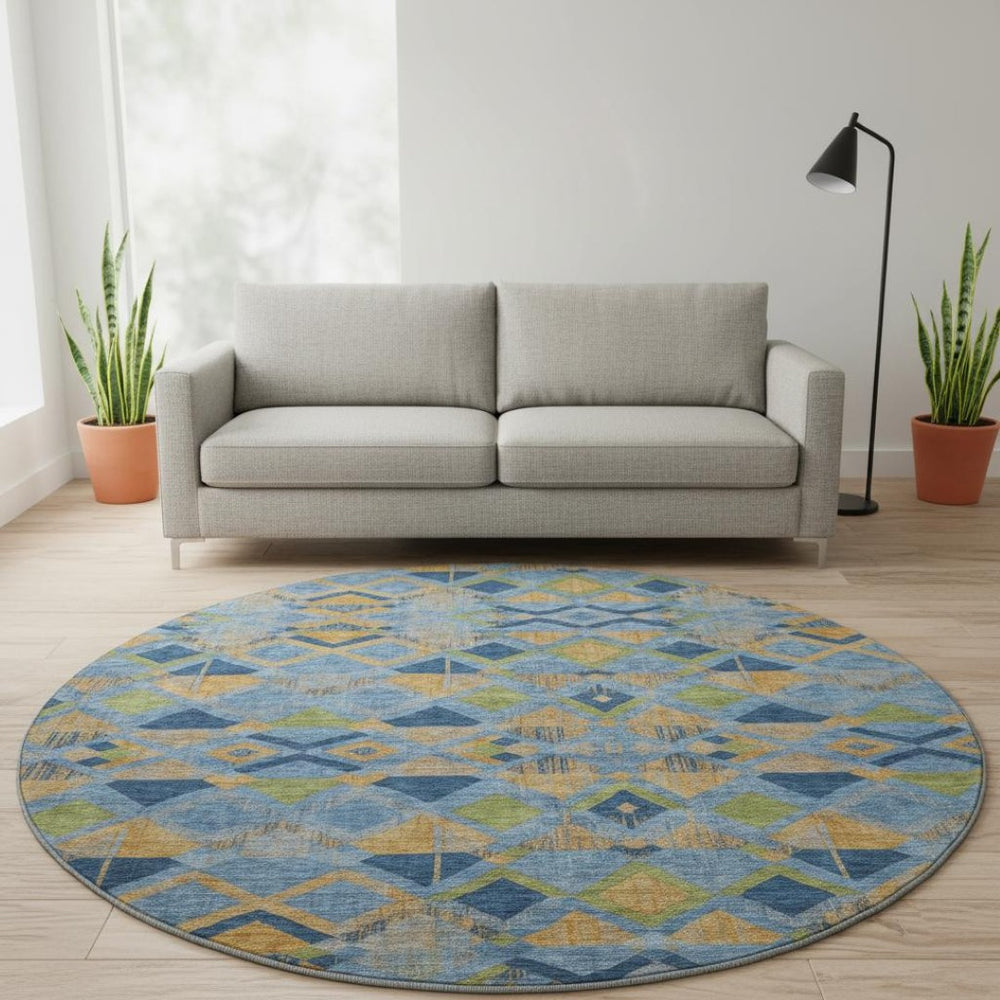 HomeRoots 8' Round Denim Blue, Peach & Green Washable Geometric Area Rug with UV Protection for High Traffic Areas 692889