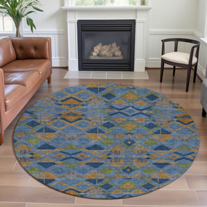 HomeRoots 8' Round Denim Blue, Peach & Green Washable Geometric Area Rug with UV Protection for High Traffic Areas 692889