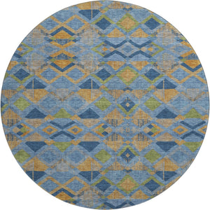 HomeRoots 8' Round Denim Blue, Peach & Green Washable Geometric Area Rug with UV Protection for High Traffic Areas 692889