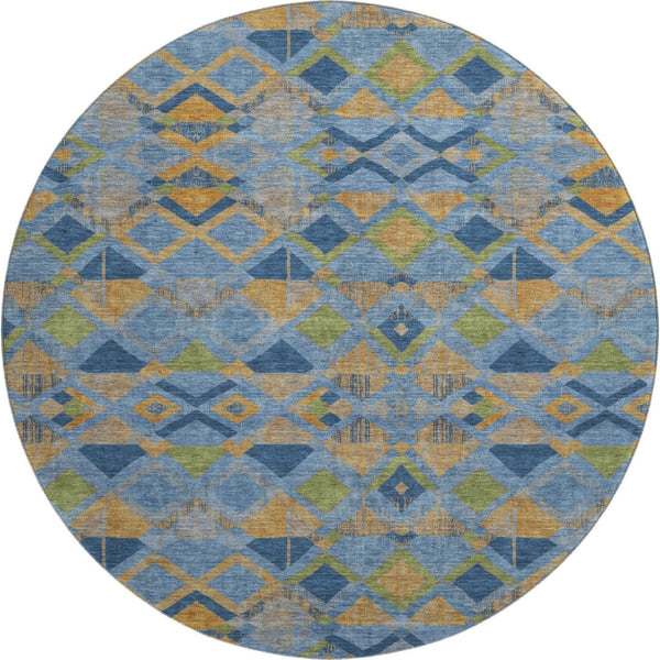 HomeRoots 8' Round Denim Blue, Peach & Green Washable Geometric Area Rug with UV Protection for High Traffic Areas 692889