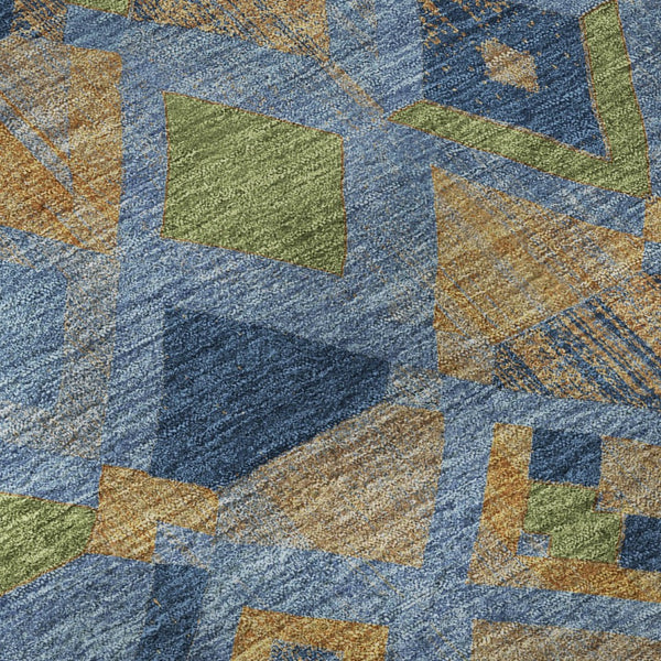 HomeRoots 8' Round Denim Blue, Peach & Green Washable Geometric Area Rug with UV Protection for High Traffic Areas 692889