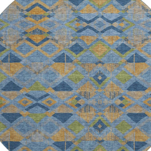 HomeRoots 8' Round Denim Blue, Peach & Green Washable Geometric Area Rug with UV Protection for High Traffic Areas 692889