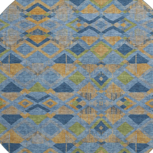 HomeRoots 8' Round Denim Blue, Peach & Green Washable Geometric Area Rug with UV Protection for High Traffic Areas 692889