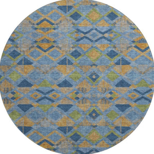 HomeRoots 8' Round Denim Blue, Peach & Green Washable Geometric Area Rug with UV Protection for High Traffic Areas 692889