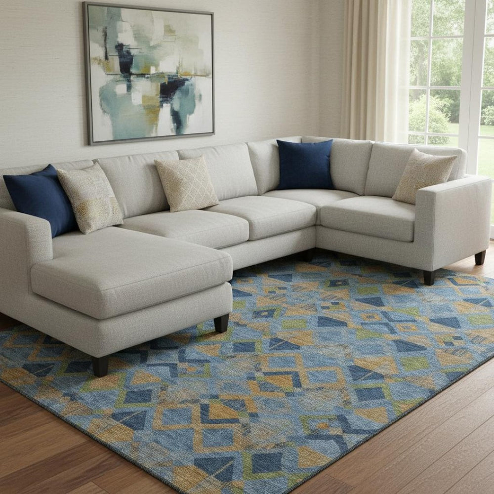 HomeRoots 8' Stylish Denim Blue, Peach & Green Geometric Washable Area Rug - UV Protected & Durable Design 692890